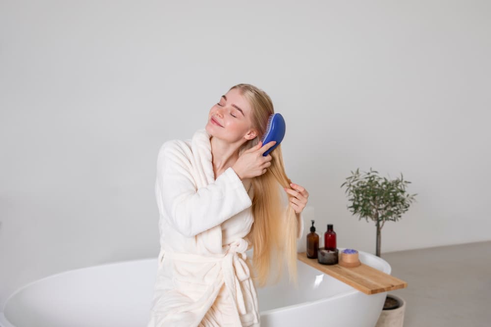 Woman in a white robe is brushing her long blonde hair