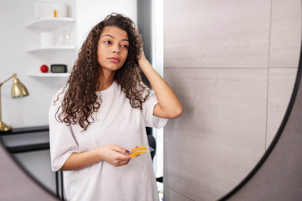 Woman looking in the mirror, holding her hair and deep in thought