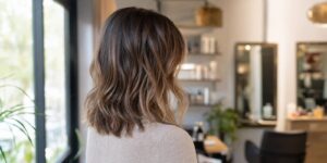 Hand-painted balayage on mid-length brown hair with sun-kissed ends