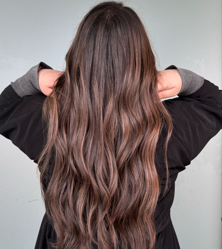 Long brunette lengths looking glossy after an in-salon conditioning treatment at HairSocial