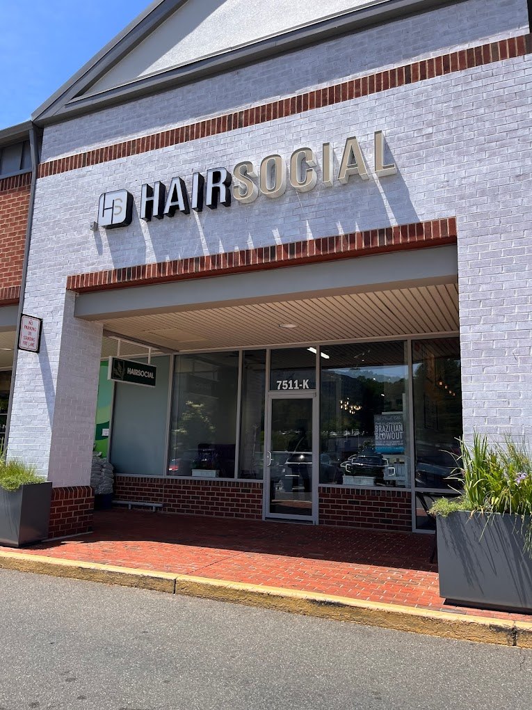 The HairSocial storefront sign above unit 7511-K at Idylwood Plaza on Leesburg Pike in Falls Church
