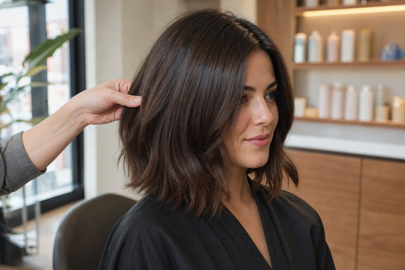 Brunette hair with a glossy toned finish after a hair glaze in Tysons