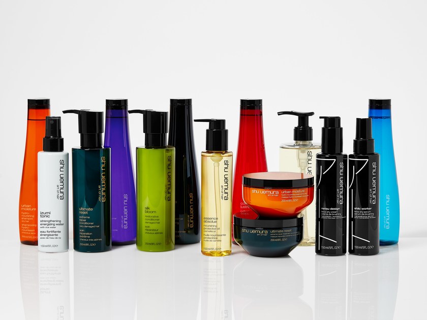 Shu Uemura Art of Hair collections lined up, the products a stylist mixes for a Shu Bar cocktail treatment
