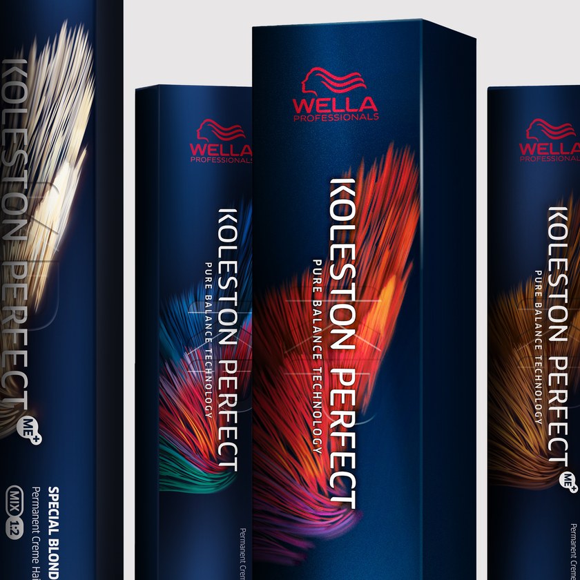 Wella Professionals Koleston Perfect hair color cartons on a pale background