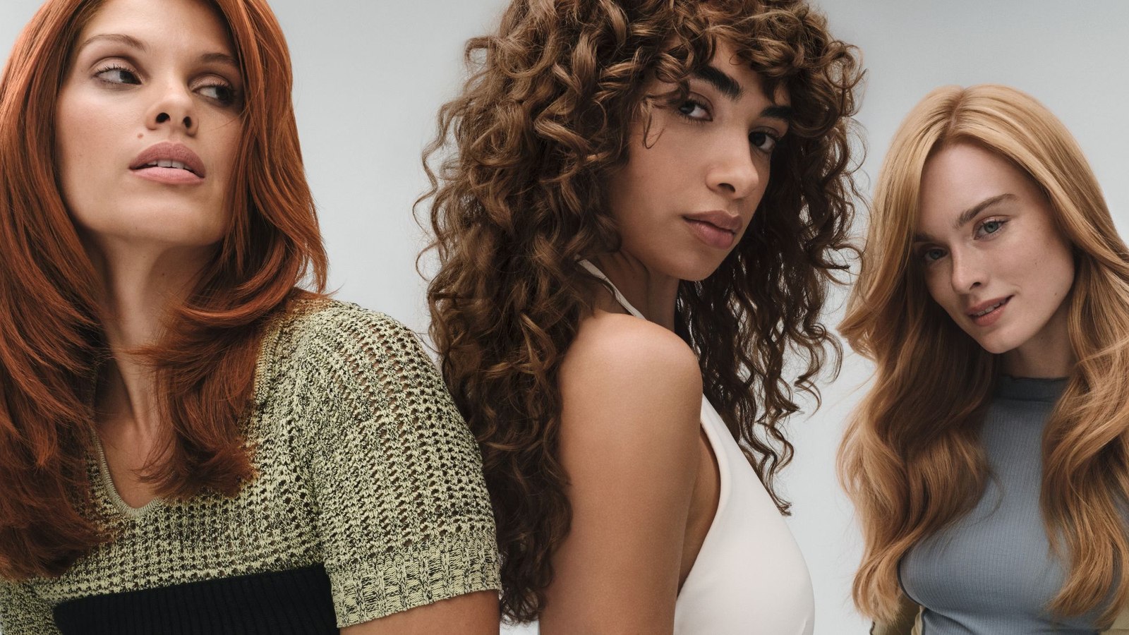 Three ammonia-free hair color results side by side, copper, warm brunette and golden blonde