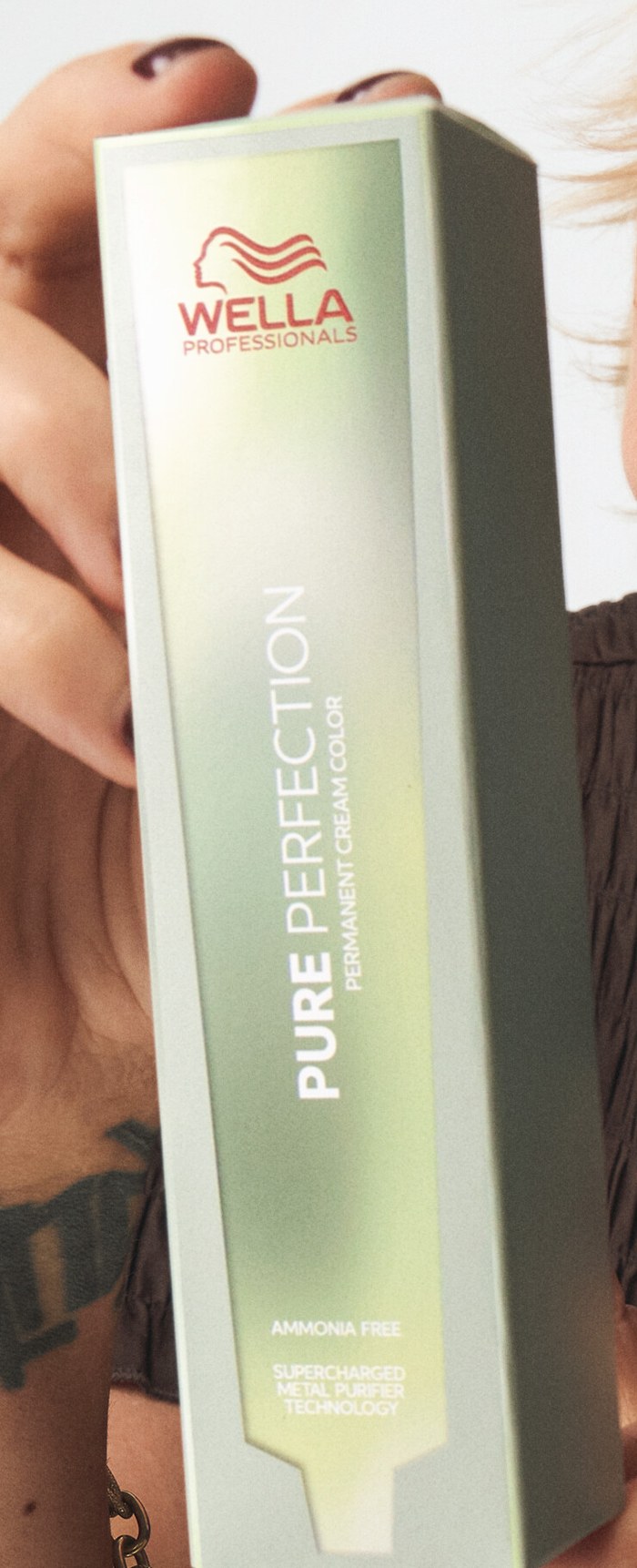 Wella Professionals Pure Perfection ammonia-free cream color carton showing Supercharged Metal Purifier Technology